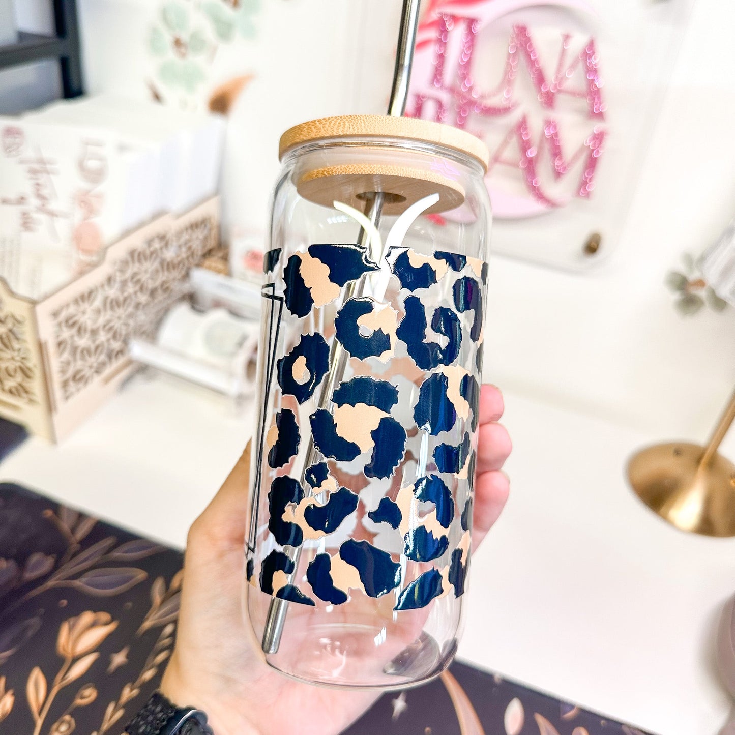 20oz Leopard Print Coffee Glass Luna Beam Creations
