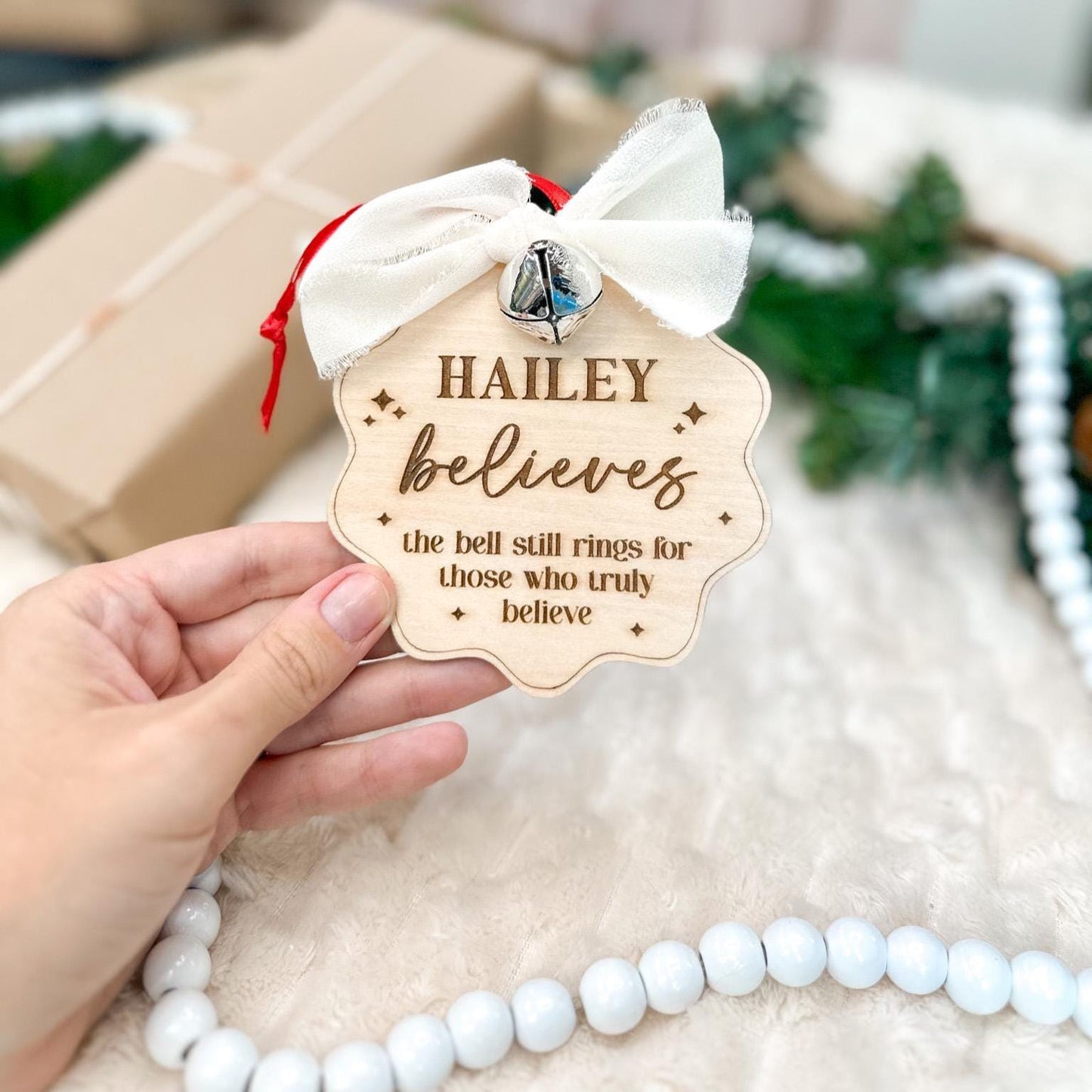 Personalized Believe Ornament with Real Bell Luna Beam Creations
