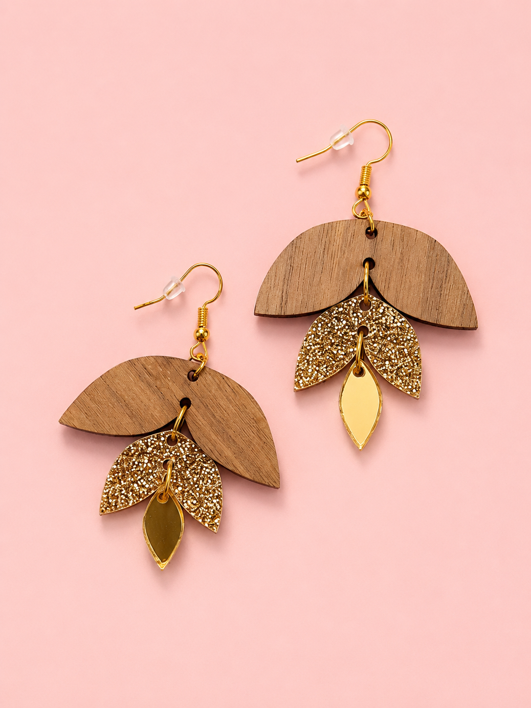 Dangle Gold Acrylic and Wood Earrings