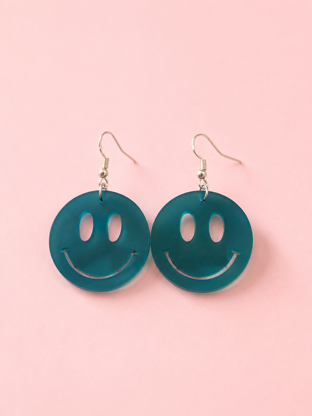 Smiley Face Dangle Earrings - Teal