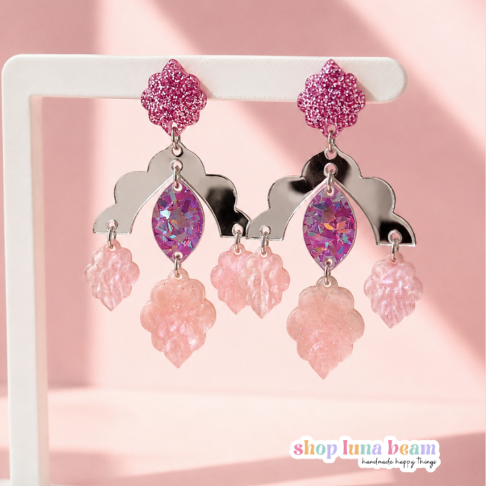 Pink Scalloped Arch Dangle Earrings