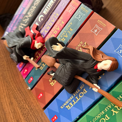 A close-up diagonal shot of Harry Potter books on a wooden shelf, with two small figurines of Hermione and Ron Weasley lying on top of the books.