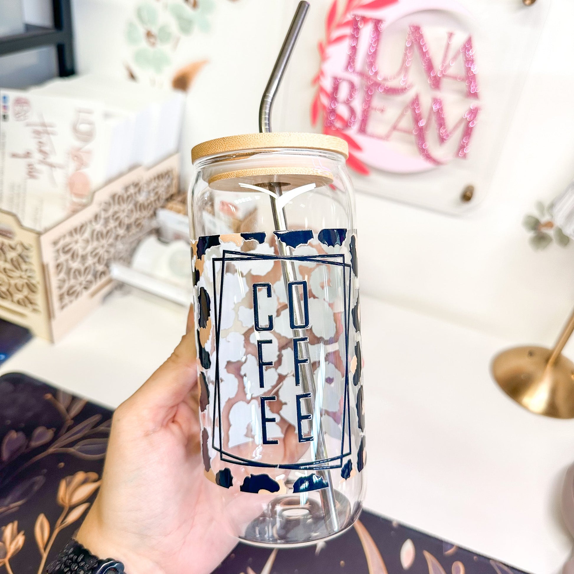 20oz Leopard Print Coffee Glass Luna Beam Creations