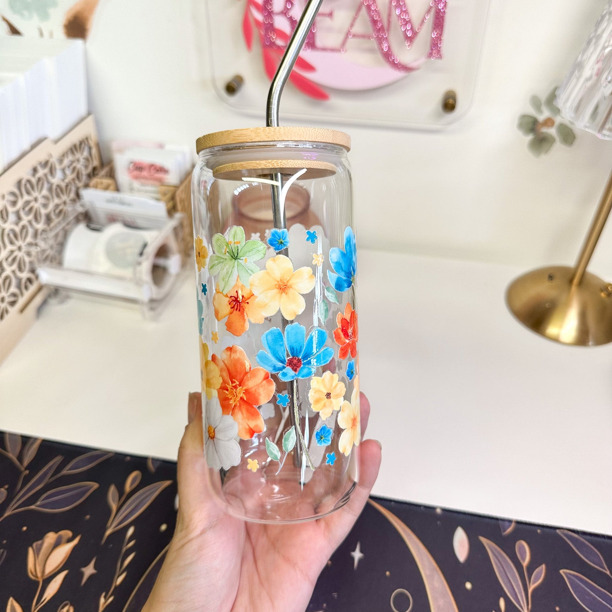 20oz Colorful Floral Glass Luna Beam Creations