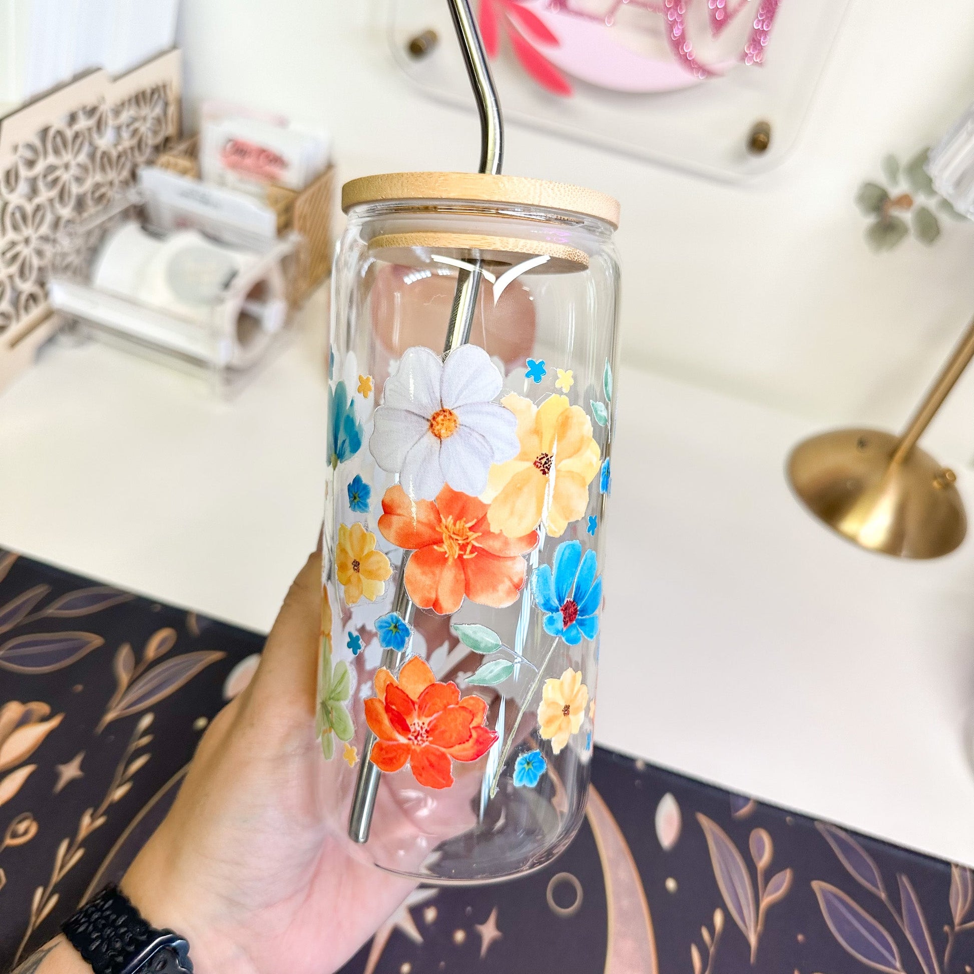 20oz Colorful Floral Glass Luna Beam Creations