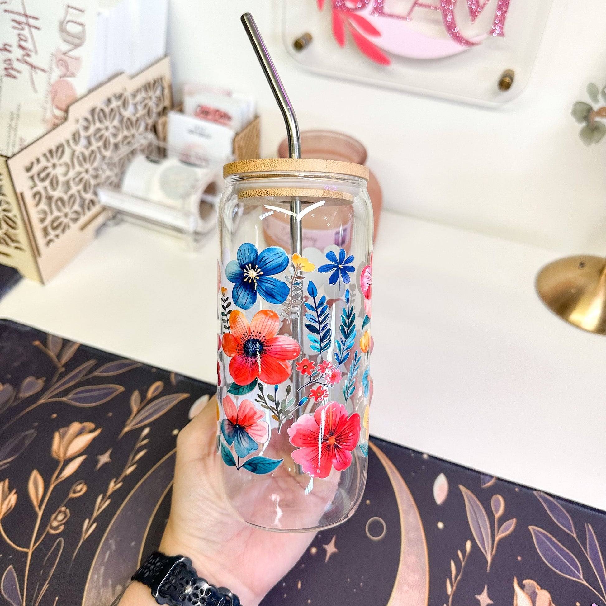 20oz Blue Orange Pink Flowers Glass Luna Beam Creations