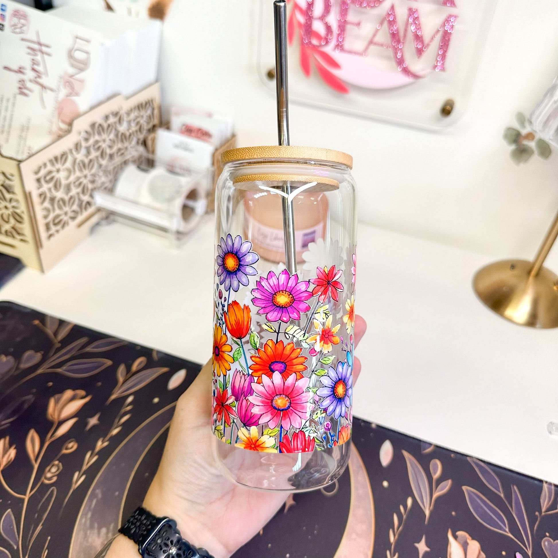 20oz Colorful Wildflower Daisy Glass Luna Beam Creations