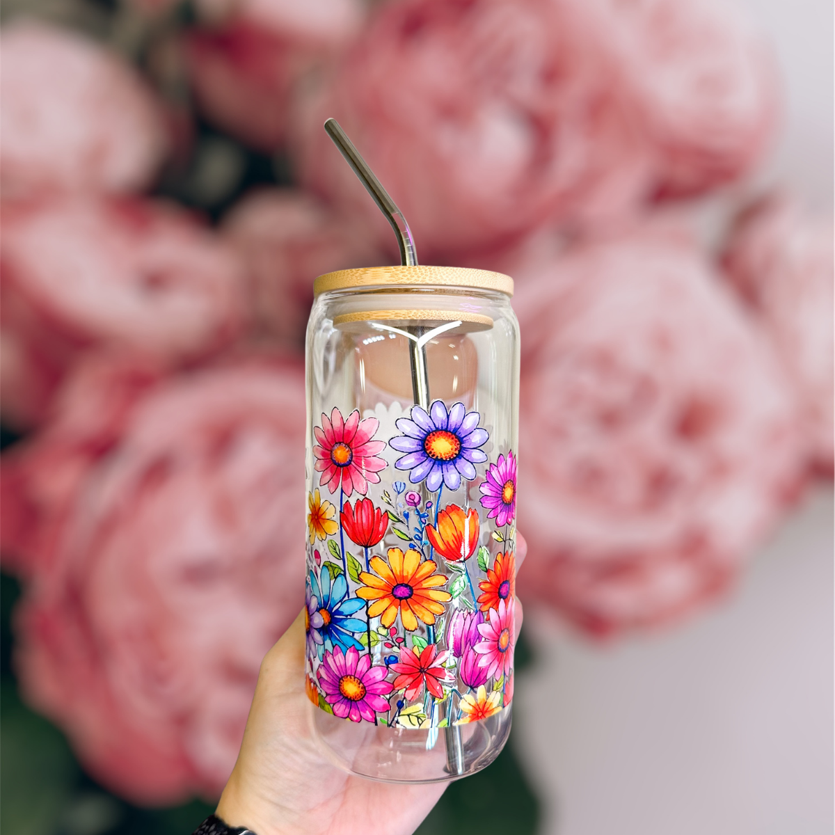 20oz Colorful Wildflower Daisy Glass Luna Beam Creations