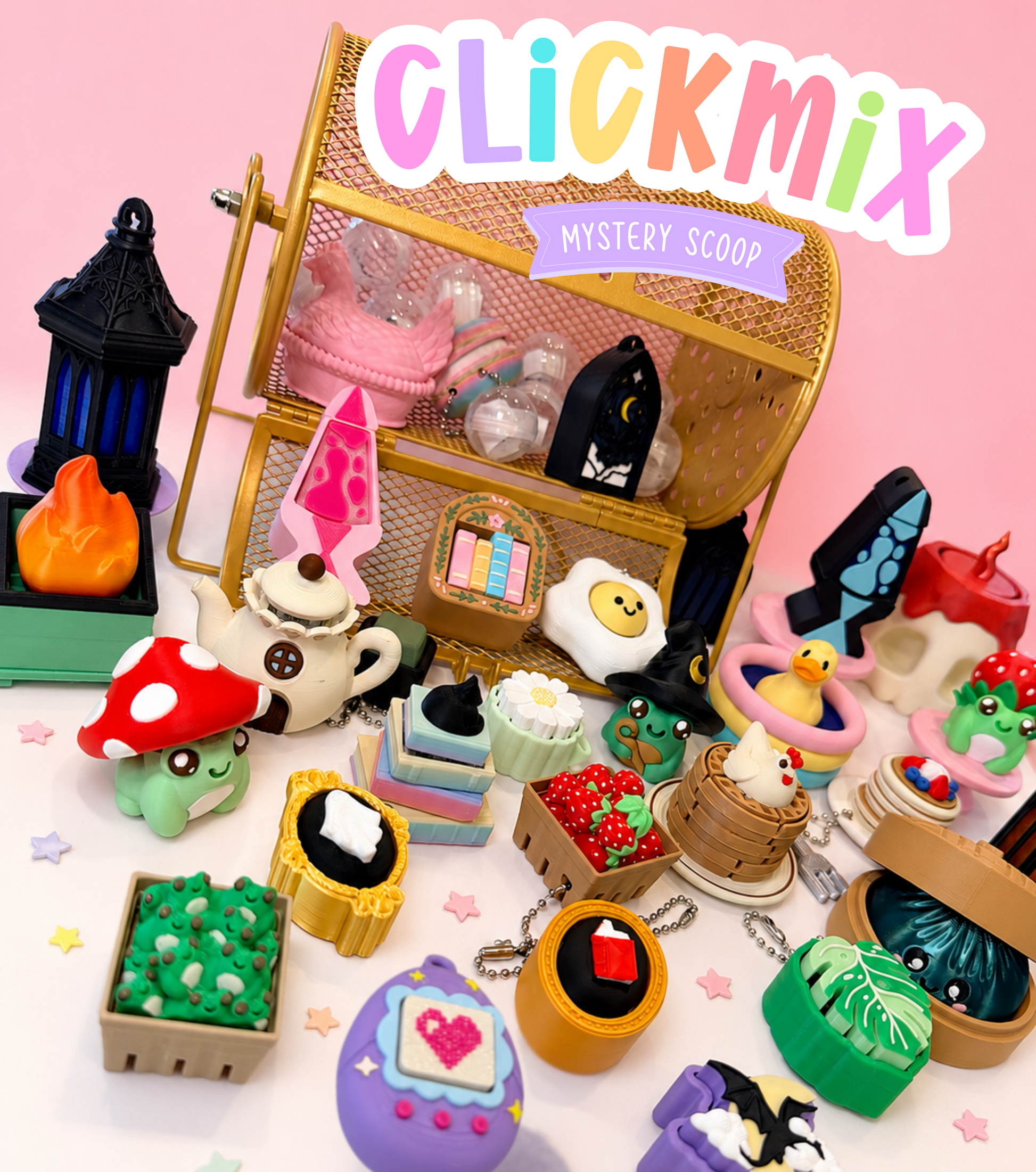 A Clickmix Mystery Scoop collection of small, colorful novelty items, including miniature cakes, a mushroom character, a duck, and a purple heart-shaped charm, arranged around a gold metal storage basket on a pink background.