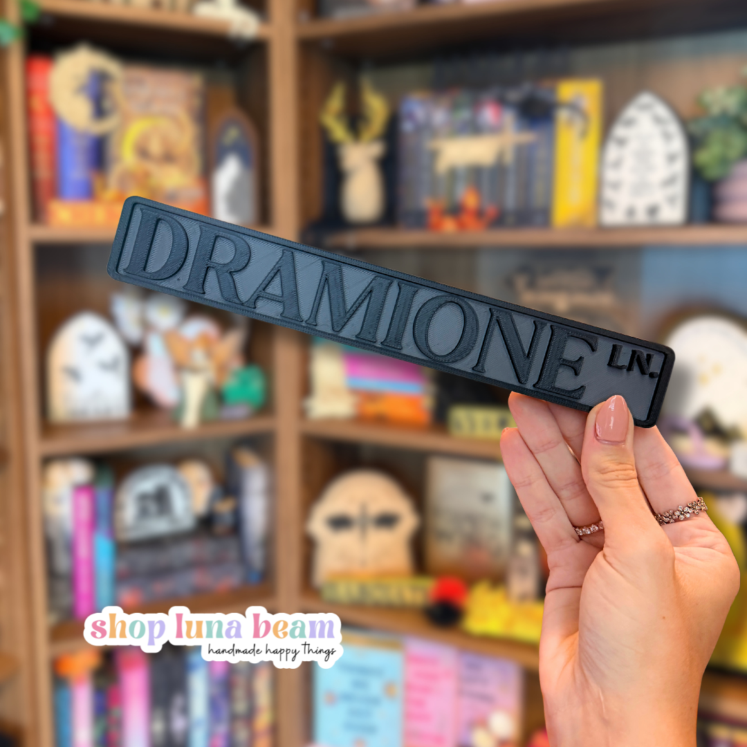 A hand holds a black rectangular plaque with raised lettering that reads 'DRAMIONE Ln.