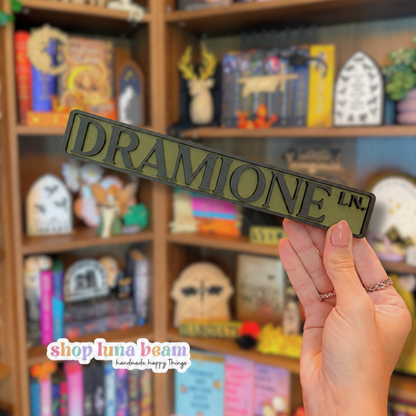 A hand holds a rectangular olive green sign that reads 'DRAMIONE Ln' in raised cream lettering, with a blurred bookshelf background and a 'shop luna beam' watermark in the lower left.