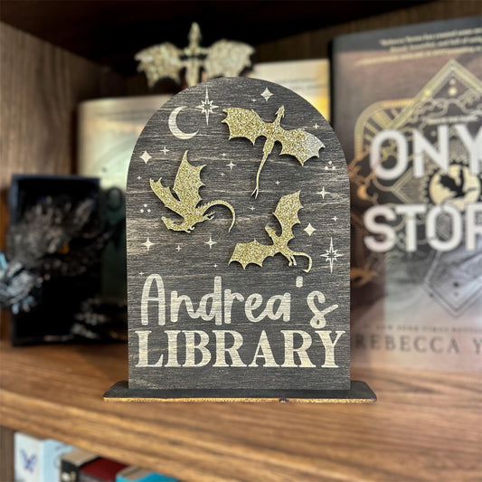 Custom Engraved Gold Dragon Library Sign Luna Beam Creations