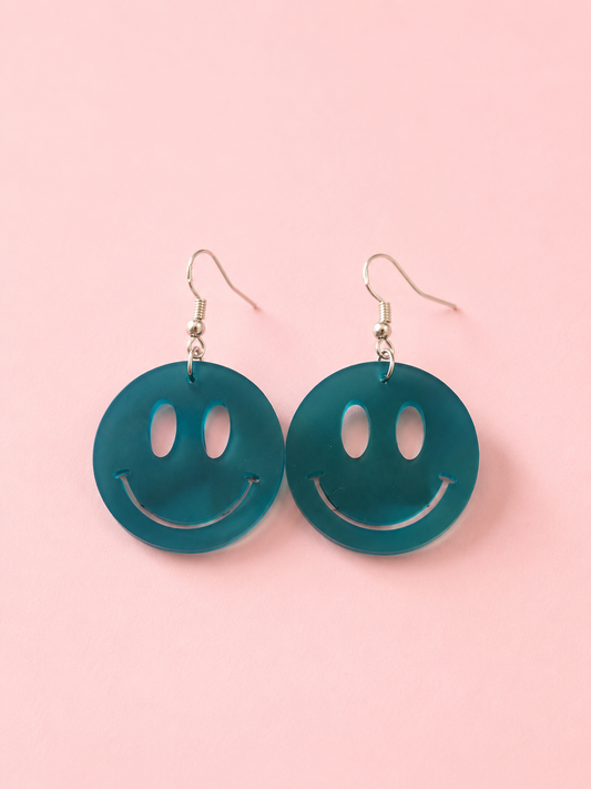Smiley Face Dangle Earrings - Teal