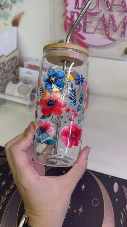 20oz Blue Orange Pink Flowers Glass
